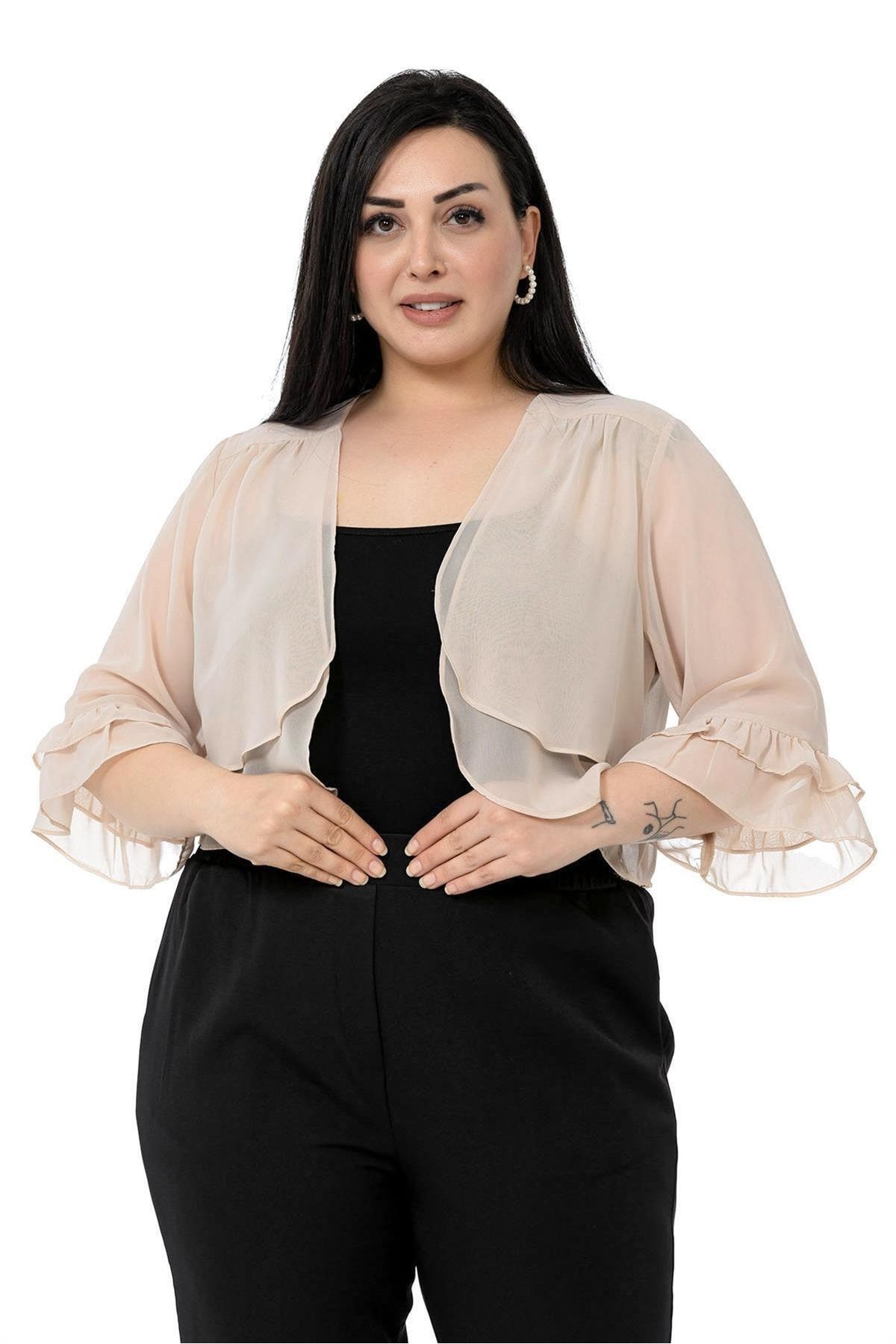 DISENTIS MODEST-Plus Size Chiffon Beige Bolero with Double Layer Front Sleeve and Ruffle Back 5