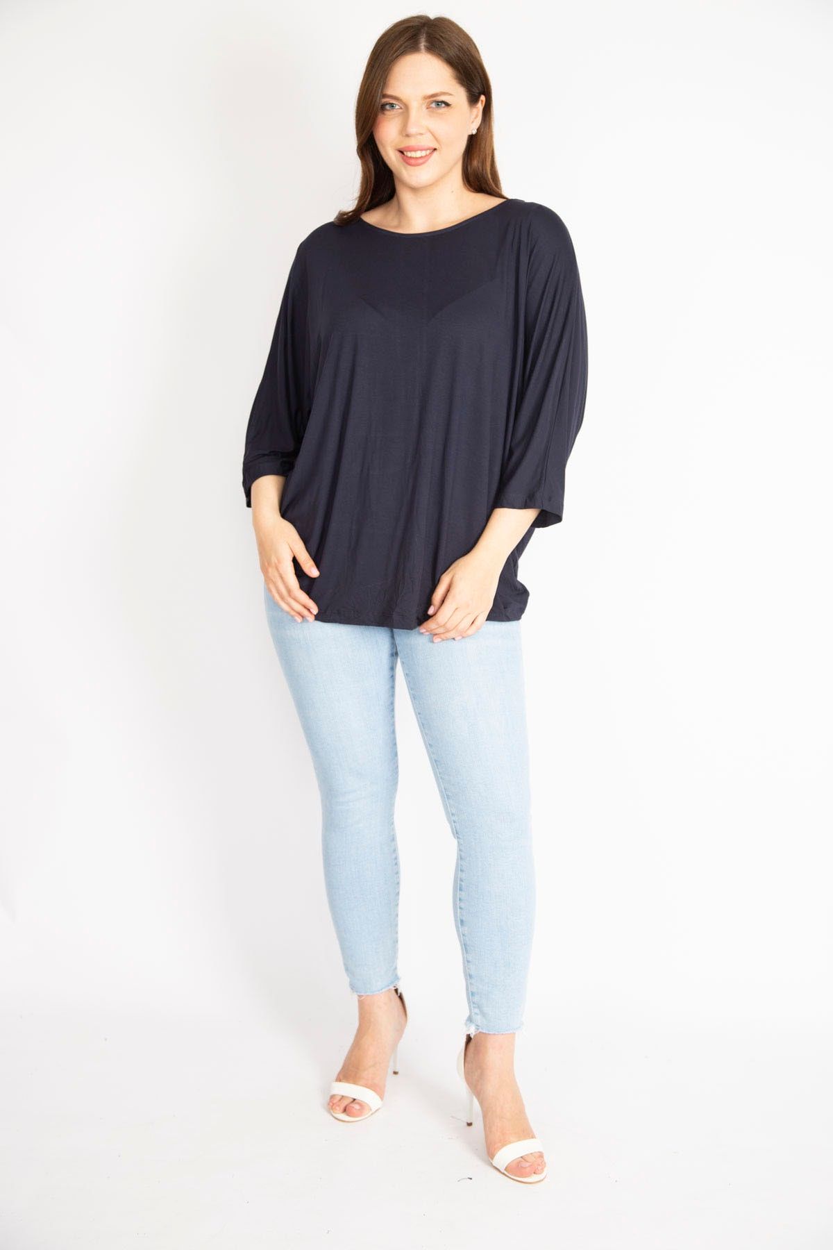 Şans-Γυναικεία μπλούζα Navy Blue Large Size Capri Sleeve with Crew Neck 65n36315 5