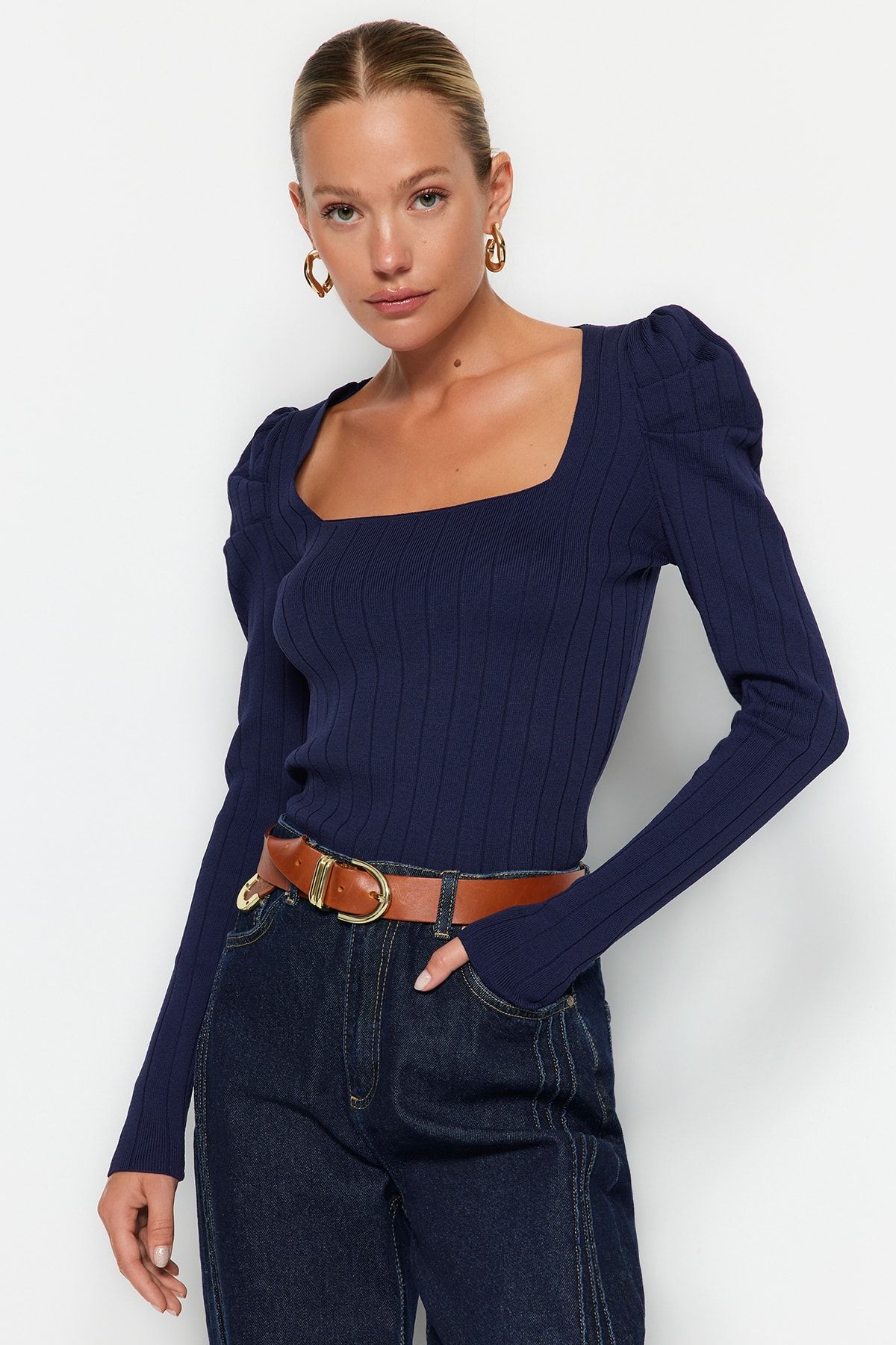 Trendyol Collection Pullover Dunkelblau Slim Fit