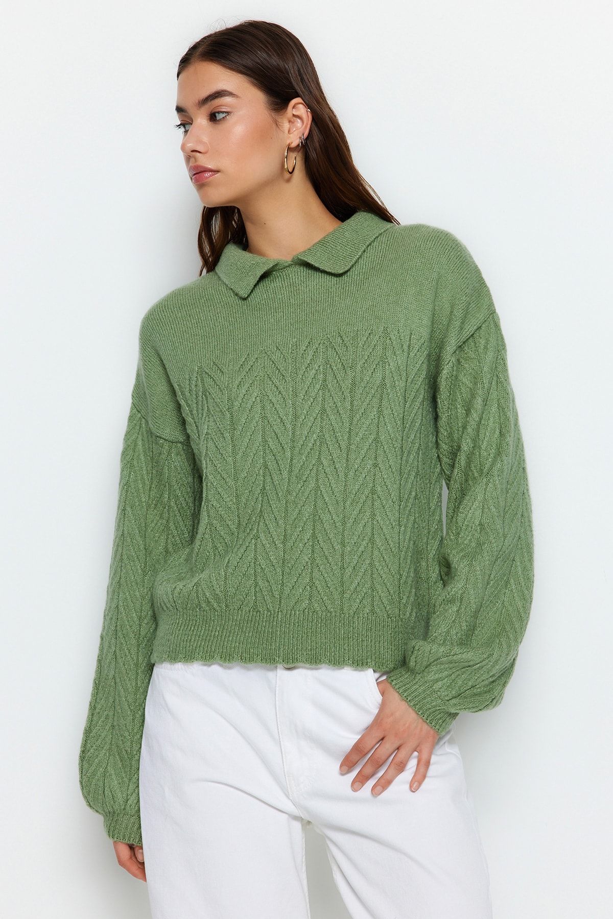 Trendyol Collection-Mint Wide Fit Soft Textured Hair Braided Knitwear Sweater TWOAW22KZ1620 3