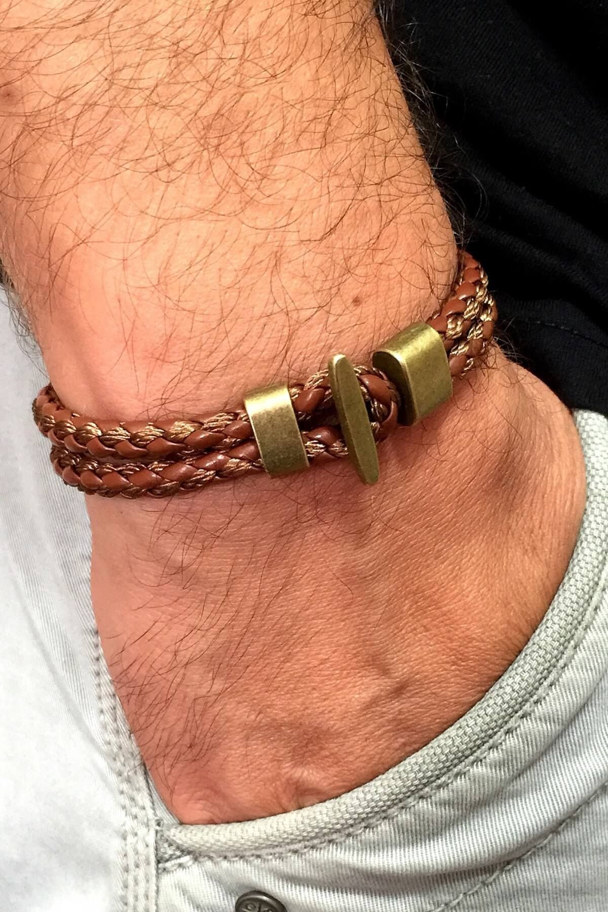 Solfera-Men's Tan Knit Design Leather Bracelet Bt079 2