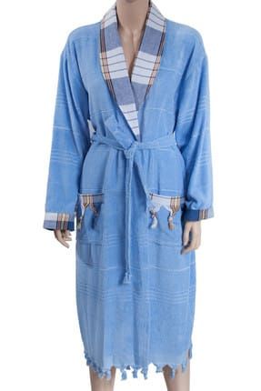 Peştemal Havlu Bornoz Kimono Yaka Ekose Mavi PBP075