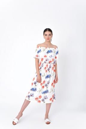 Kadın Beyaz Kayık Yaka Belden Lastikli Çiçek Desenli Elbise HN2016