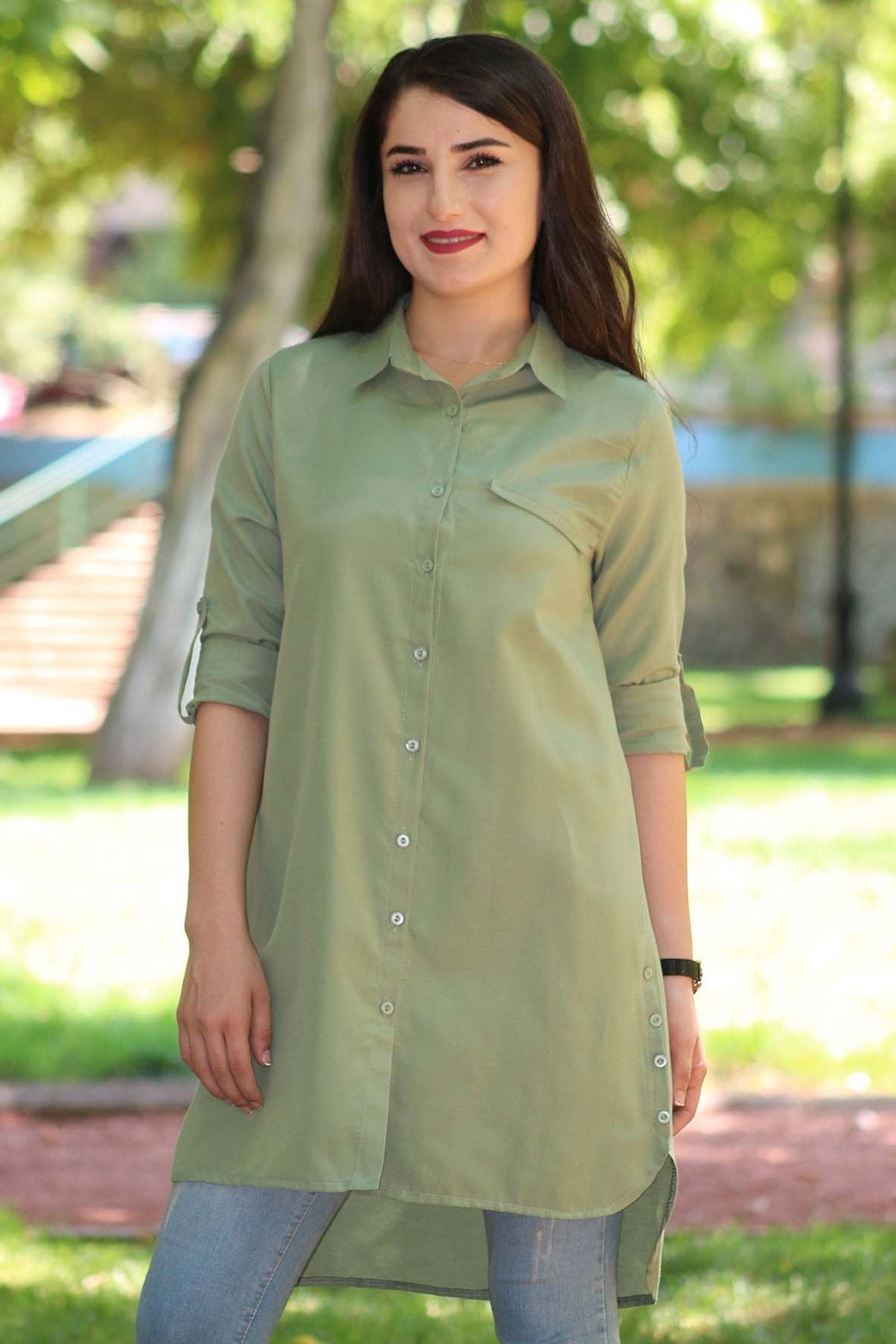 olur butik kadin yan dugme detayli tunik gomlek mit yesil olur3423 fiyati yorumlari trendyol