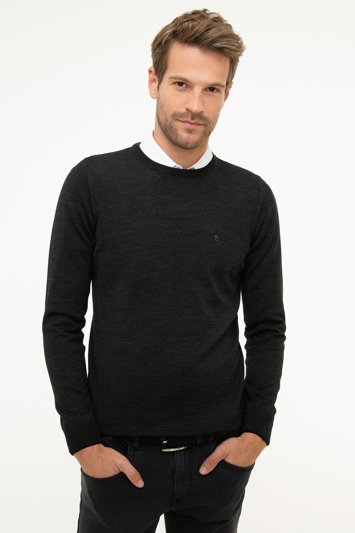 پیر کاردین ژاکت بافتنی مردانه اسلیم فیت به رنگ خاکستری آنتراسیت ملانژ