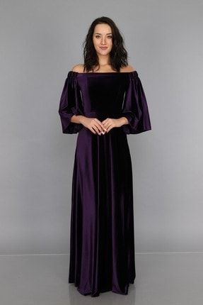 Kadın Mor Düşük Omuz Kadife Elbise ML020100X