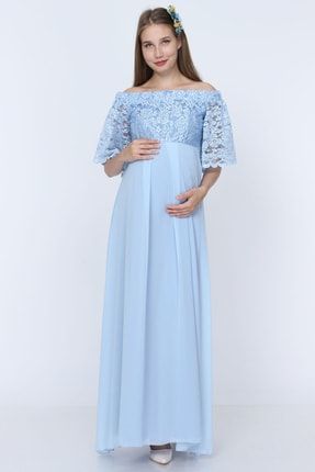 Düşük Omuz Dantel Hamile Elbisesi Bebe Mavi ML010500X