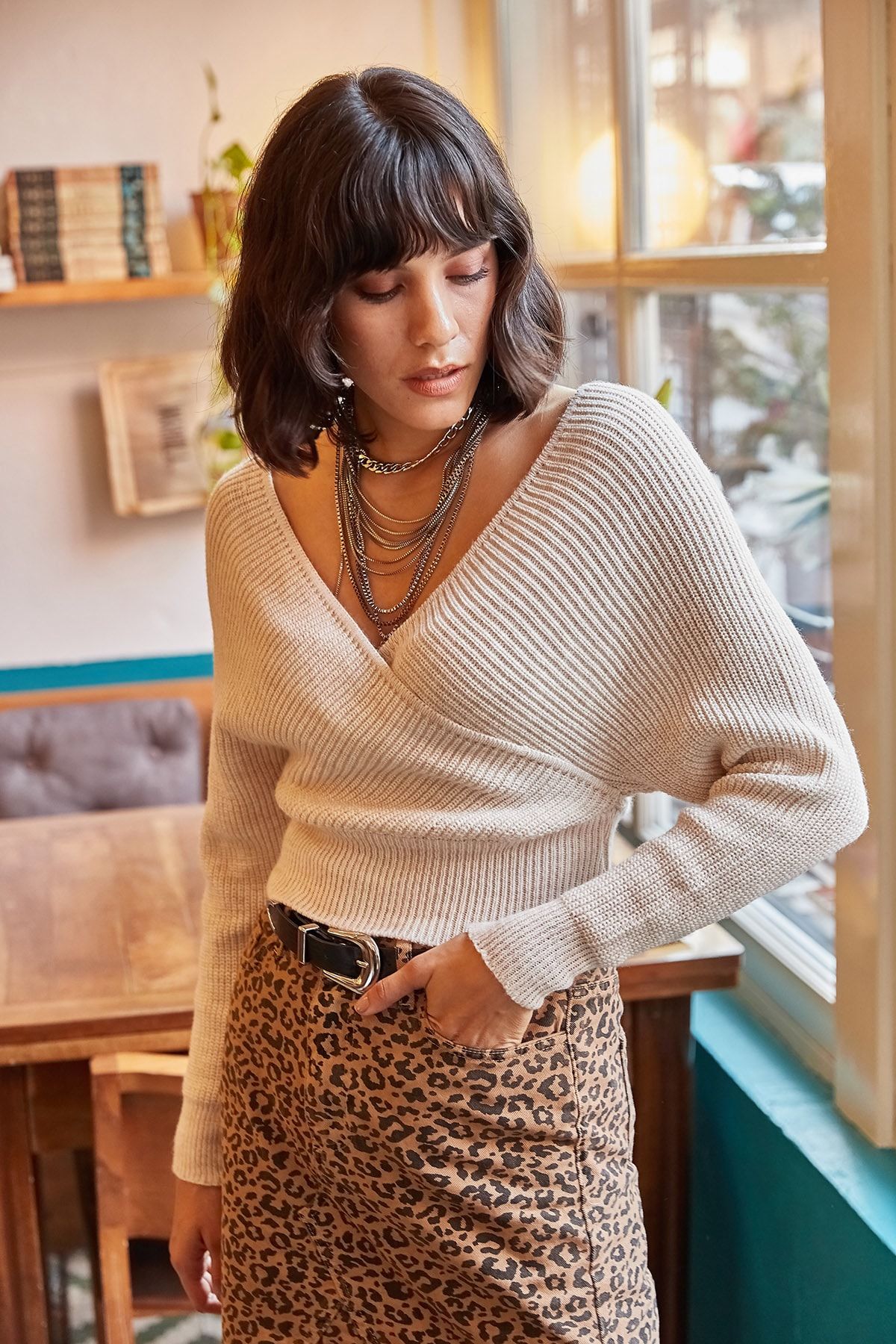 Olalook-Damen Strickpullover mit V-Ausschnitt und Knopfleiste vorne und hinten in Steinoptik KZK-19000076 2