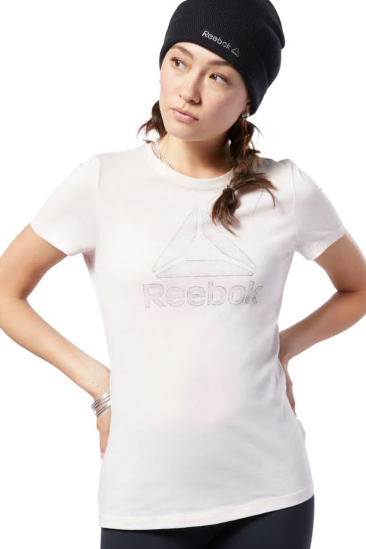 تی شرت سفید اسپرت یقه خدمه طرح چاپی برند آستین کوتاه زنانه ریباک Reebok (برند انگلستان)