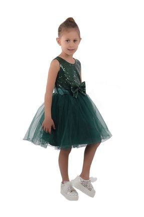 Kız Çocuk Prenses Model Zümrüt Yeşili Payetli Abiye Elbise 23 Nisan BHK000320