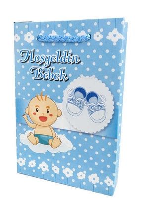 25 Adet Karton Çanta Hoş Geldin Bebek Baby Shower Doğum Hediyelik Mavi ( 12 cm * 17 cm ) ARM-AR4970
