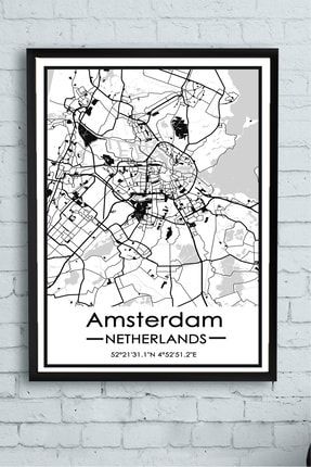 Hollanda Amsterdam Harita Dekoratif Tasarım Çerçeveli Tablo PSTRMNYC12116
