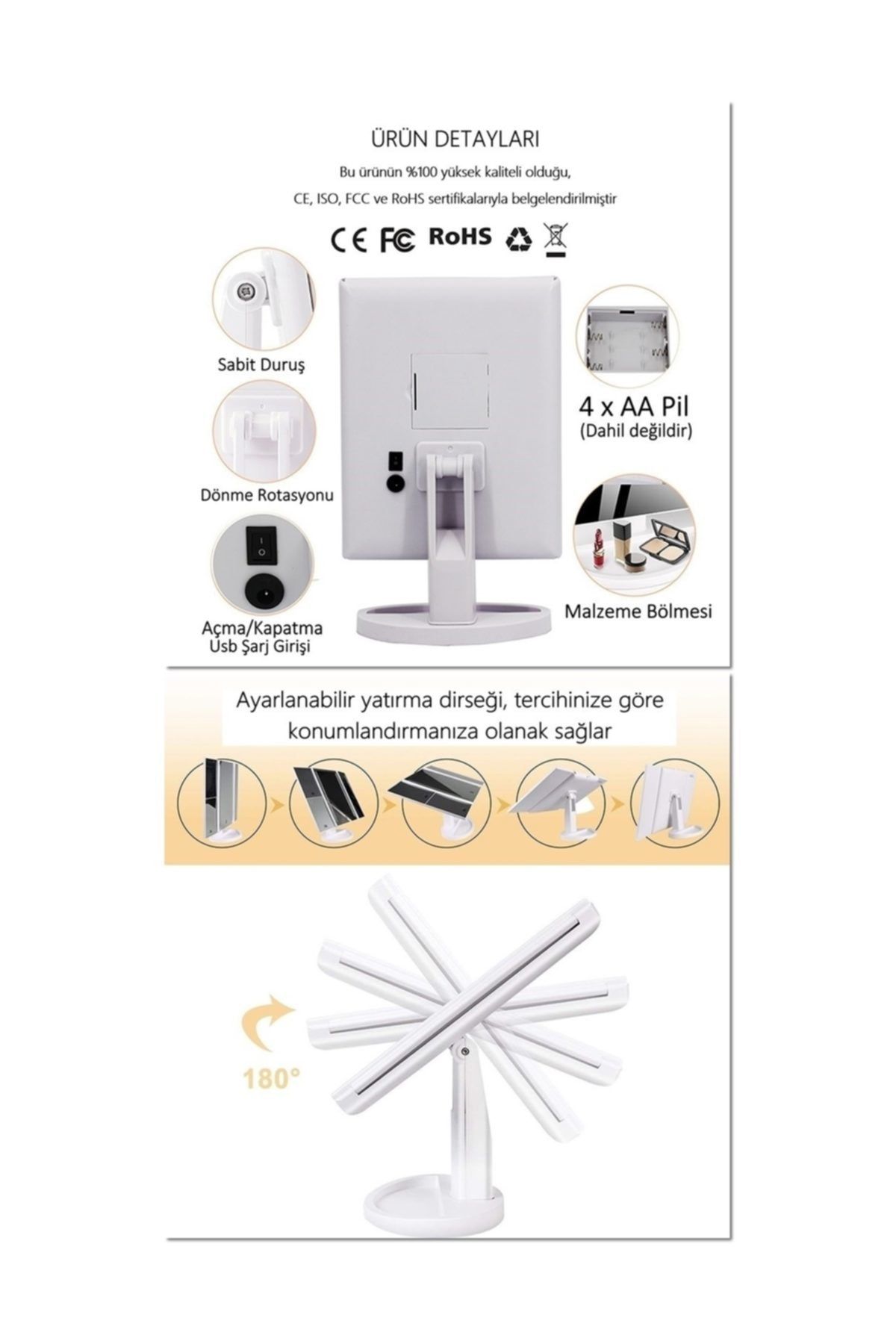 LAND OF MYTH-Magnifying Makeup Mirror with 24 LED Lights, 3 Panels, Foldable, Touch Sensor (black) 7