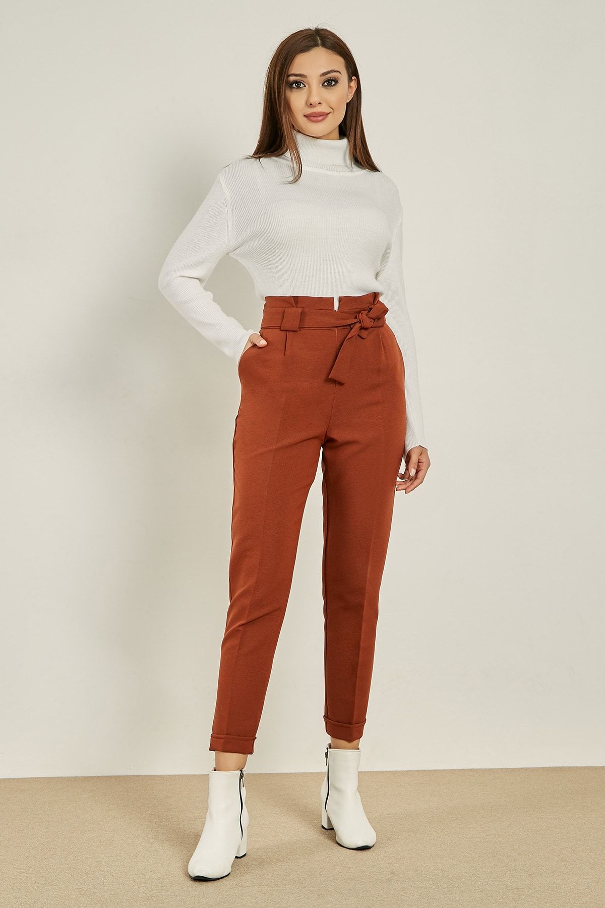 sateen kusakli yuksek bel pantolon