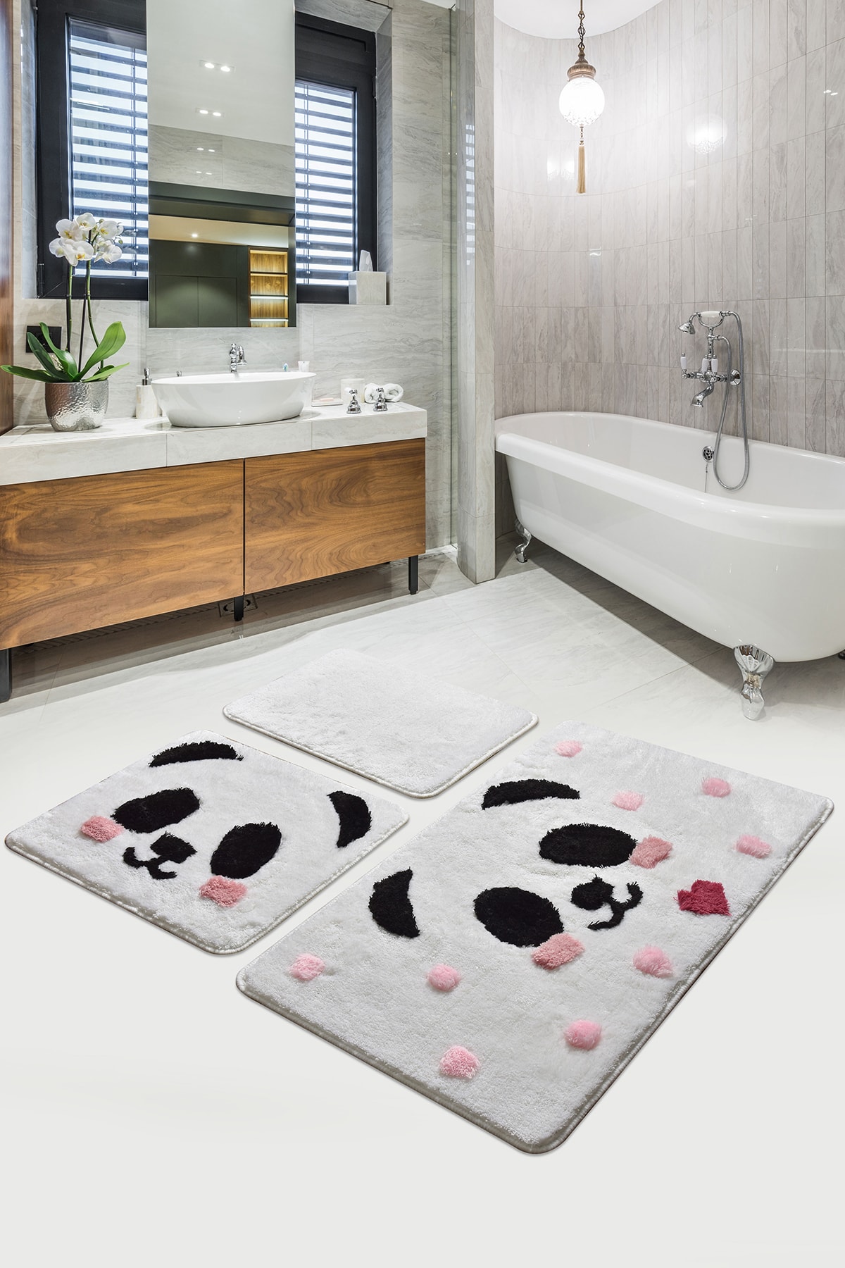 Chilai Home Panda 3lü Set Banyo Halısı Yıkanabilir, Kaymaz Taban