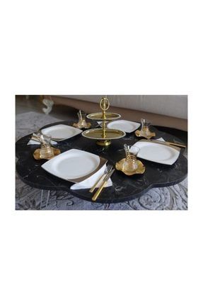 80 Cm Siyah Mermer Desenli Ahşap Katlanabilir Papatya Yer Sofrası, Yer Masası, Yemek Masası 155