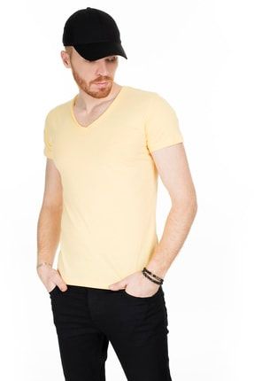 Erkek Sarı V Yaka Pamuklu Basic T Shirt 54158