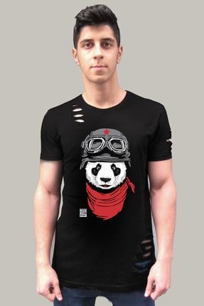 Bandanalı Panda Siyah Kısa Kollu Yırtık Ripped T-shirt 1M1RM076AS