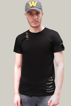 Düz, Baskısız Siyah Kısa Kollu Yırtık Ripped T-shirt 1M1RM000AS