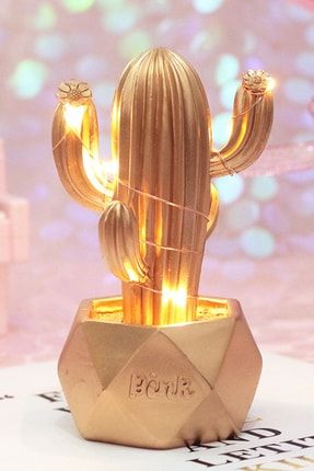 Led Işıklı Sevimli Kaktüs Dekoratif Masa Lambası Mini Biblo Gece Lambası-GOLD HH26YT1717-2A