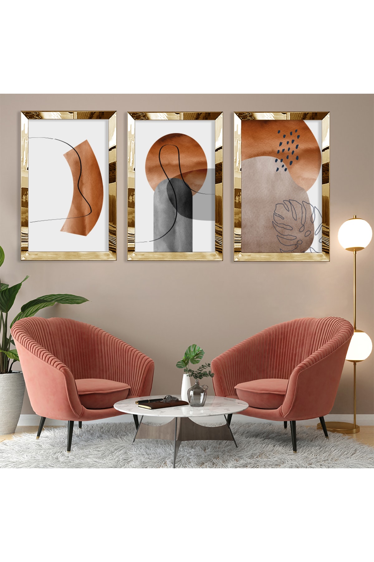 Minimalist Abstract Pattern Gold Plexiglass Edge Triple Mdf Table Set And Clock Set