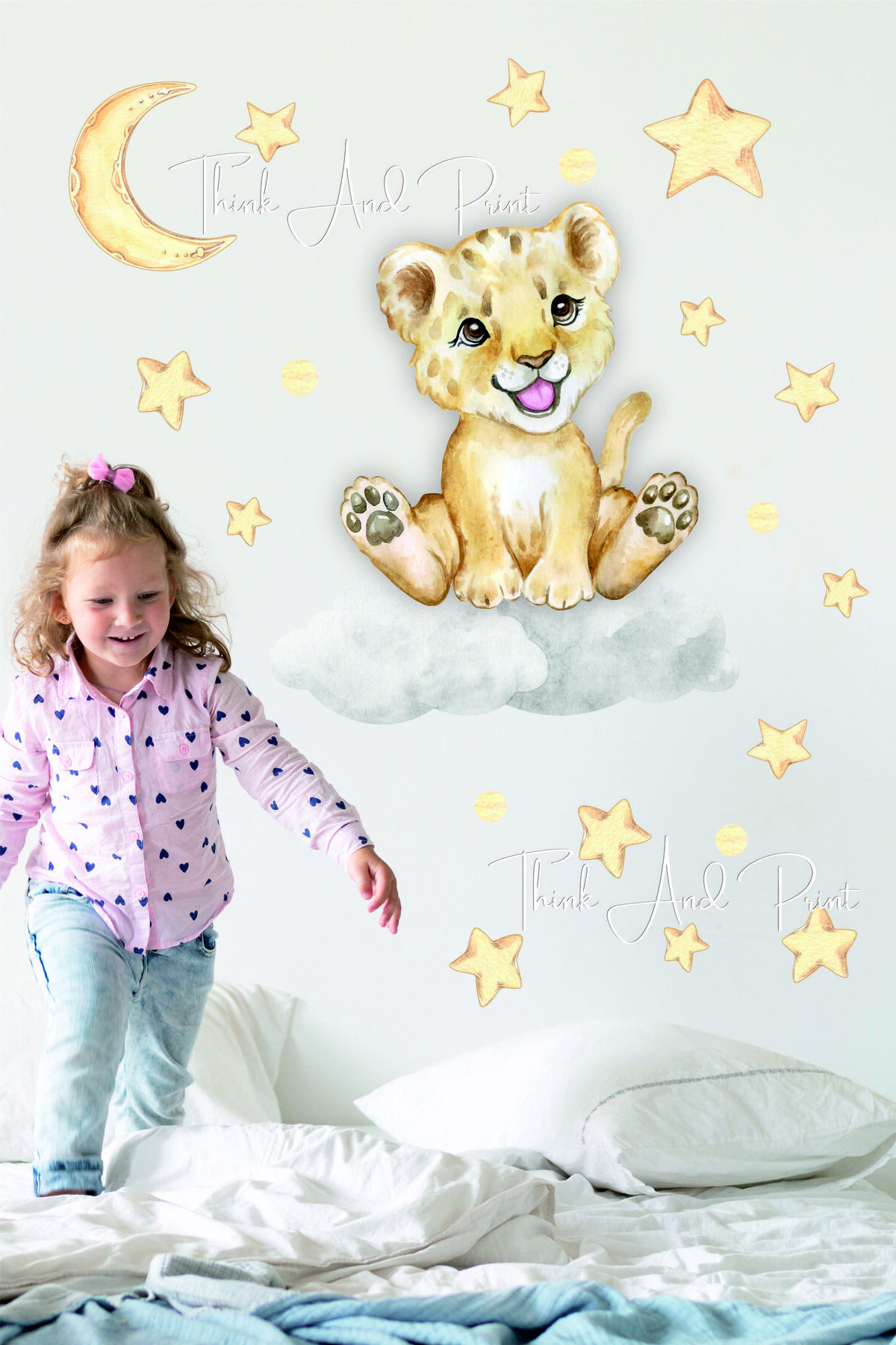 Cute Smiling Lion And Stars Kids Room Wall Glass Stickers Set