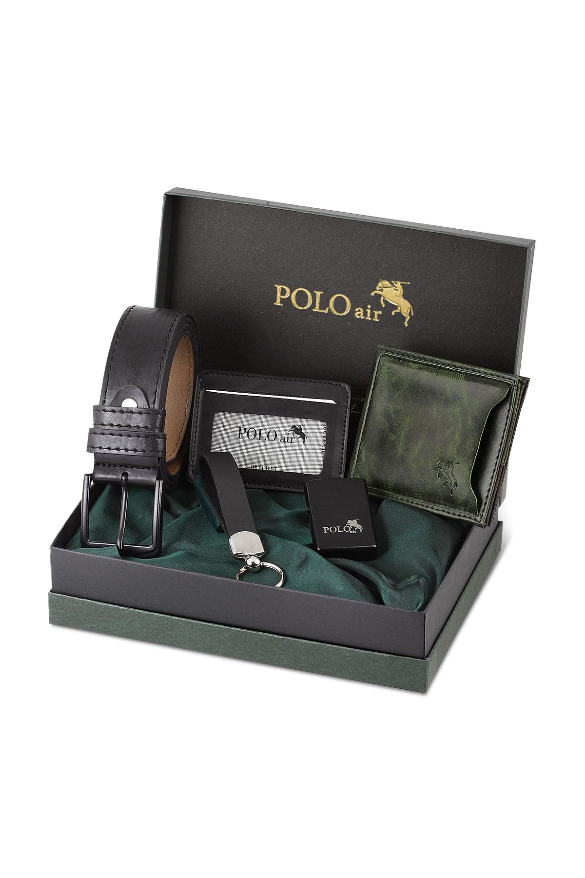 کیف پول مردانه کارت کمربند مجموعه مقدس سبک سبز در جعبه هدیه polo air