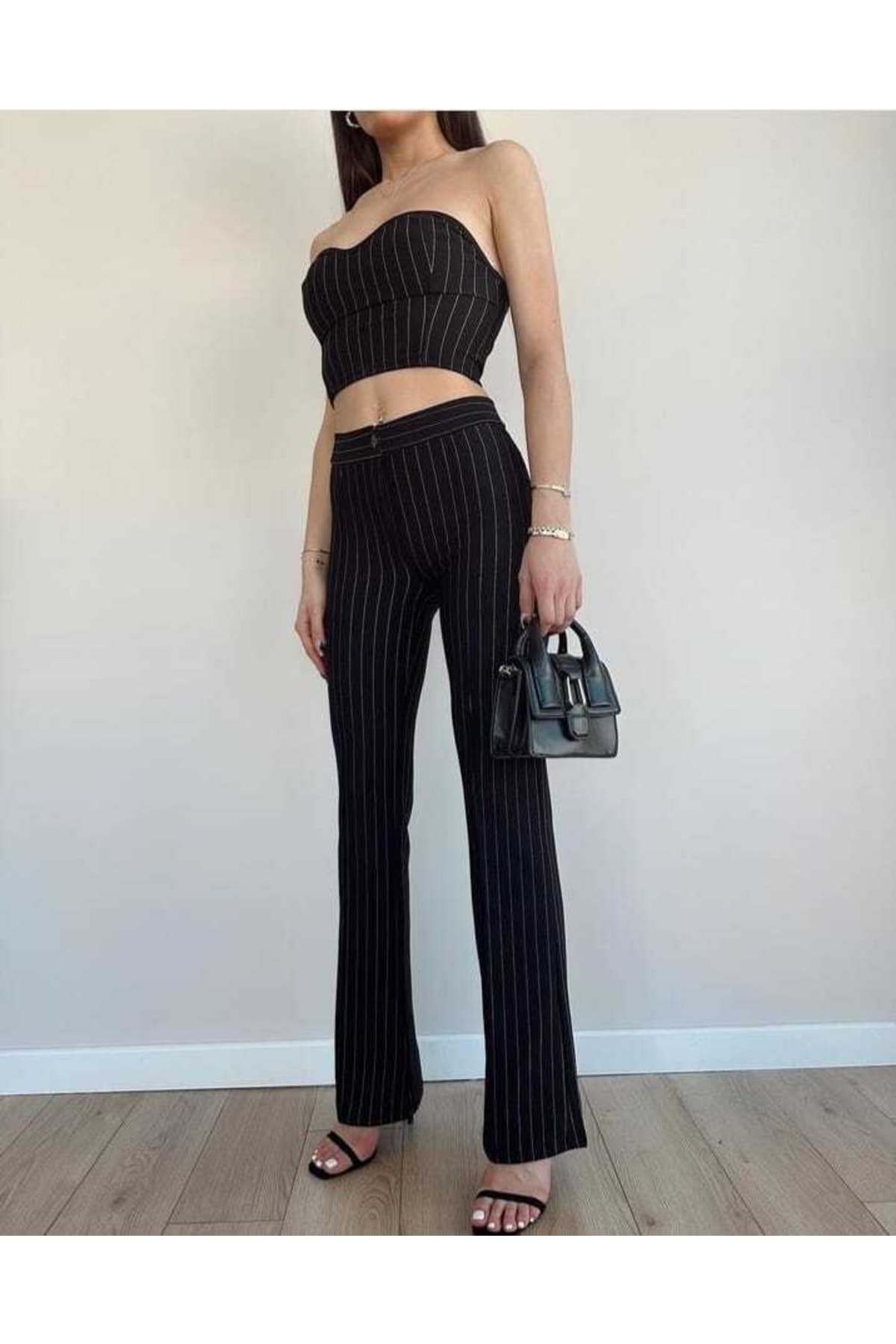 Women's Striped Strapless Bustier And Pants Bottom Top Set