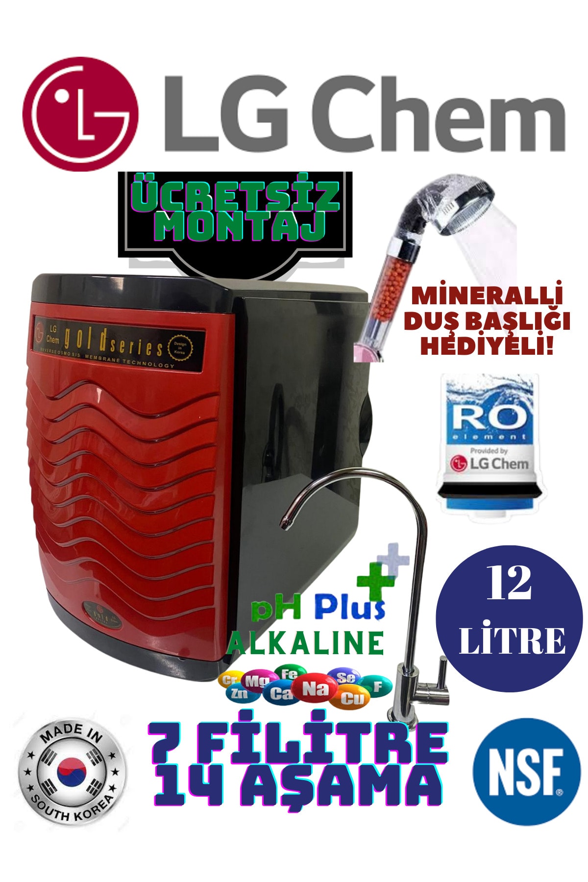 Genel Markalar Gold Kırmızı Ücretsiz Montaj Abs Kırılmaz Kasa Gümüş Iyonlu 14 Aşama 12 Litre Su Arıtma Cihazı
