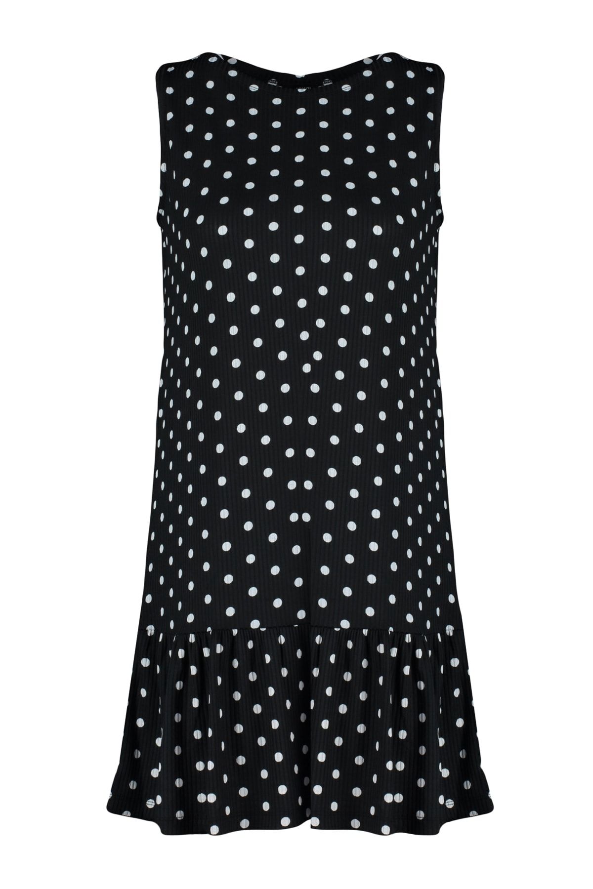 Trendyol Collection-Schwarzes, gepunktetes, ärmelloses, flexibles Strickkleid mit Rüschen und Volants TWOSS22EL0794 6