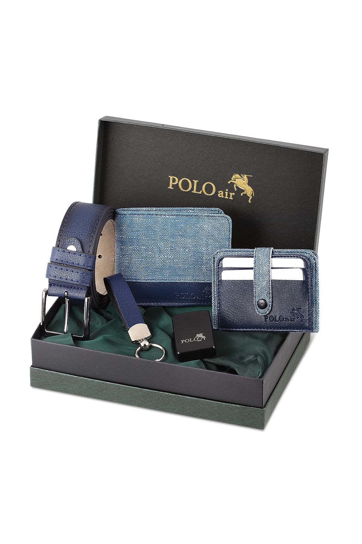 کیف پول مردانه کارت کمربند مقدس کلیدهای سبک آبی در جعبه هدیه polo air