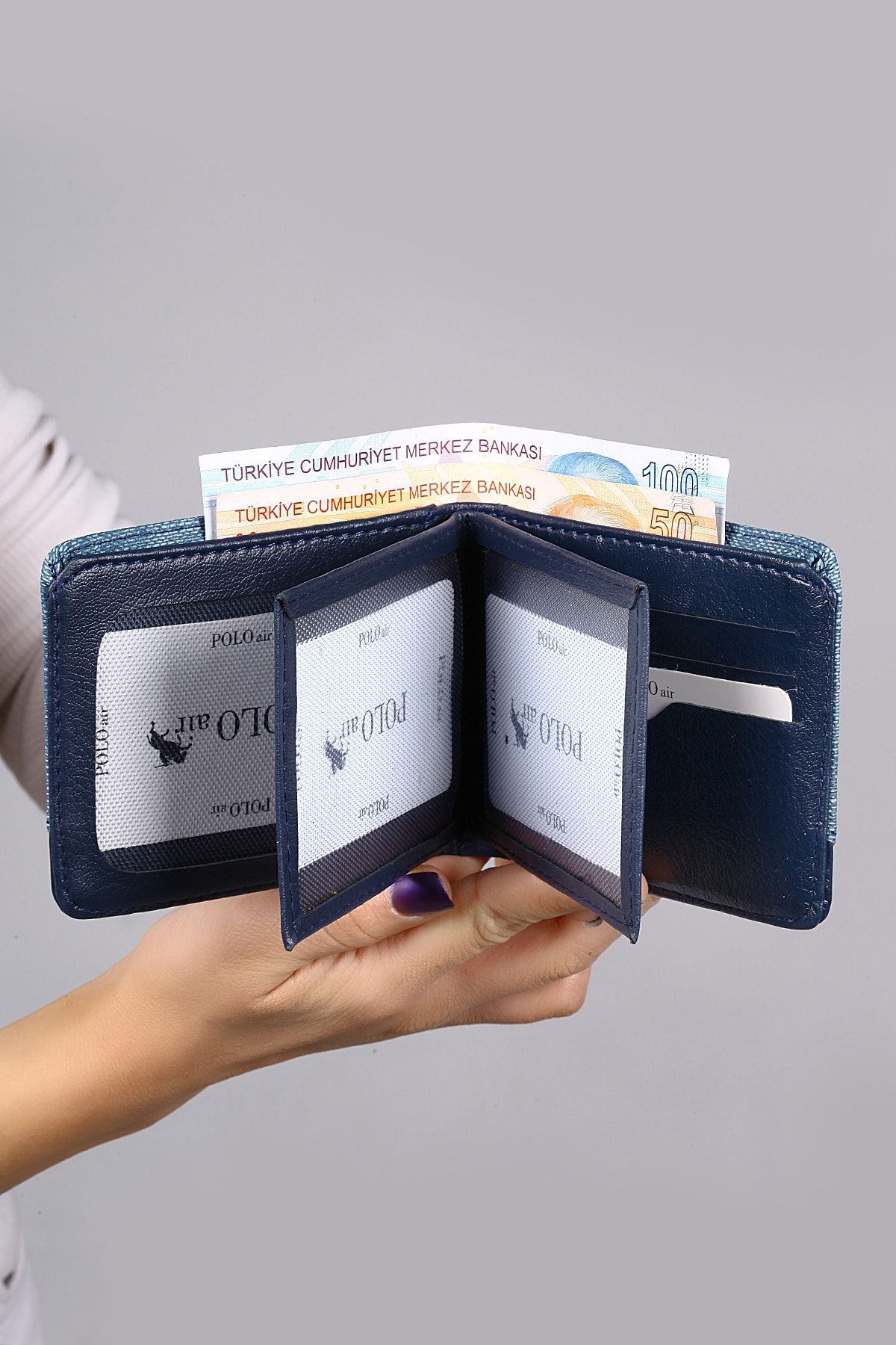 کیف پول مردانه کارت کمربند مقدس کلیدهای سبک آبی در جعبه هدیه polo air
