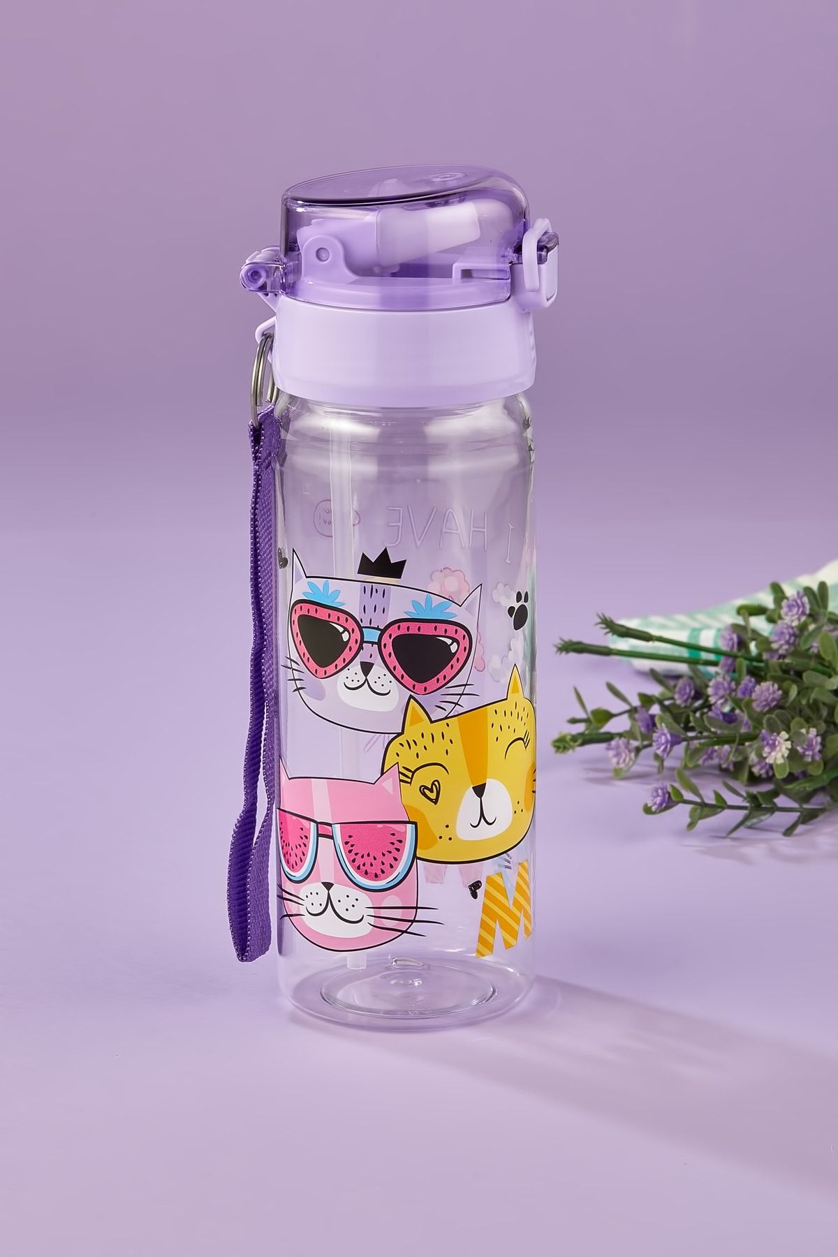 ALİNA HOME-Healthy Polycarbonate Flask 500 Ml, Straw Flask 500 ml Cats 4