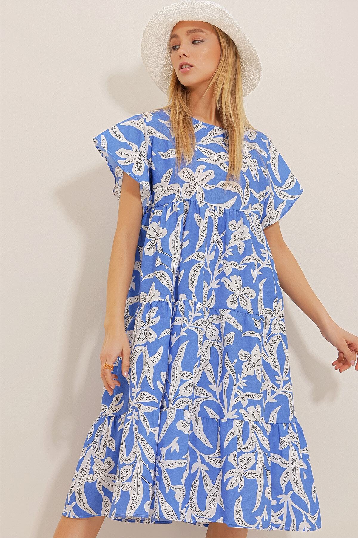 Trend Alaçatı Stili Women's Cobalt Blue Crew Neck Flounce Floral Patterned Poplin Dress ALC-X10241