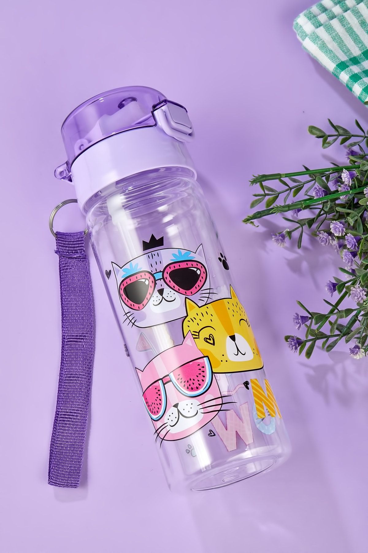 ALİNA HOME-Healthy Polycarbonate Flask 500 Ml, Straw Flask 500 ml Cats 2
