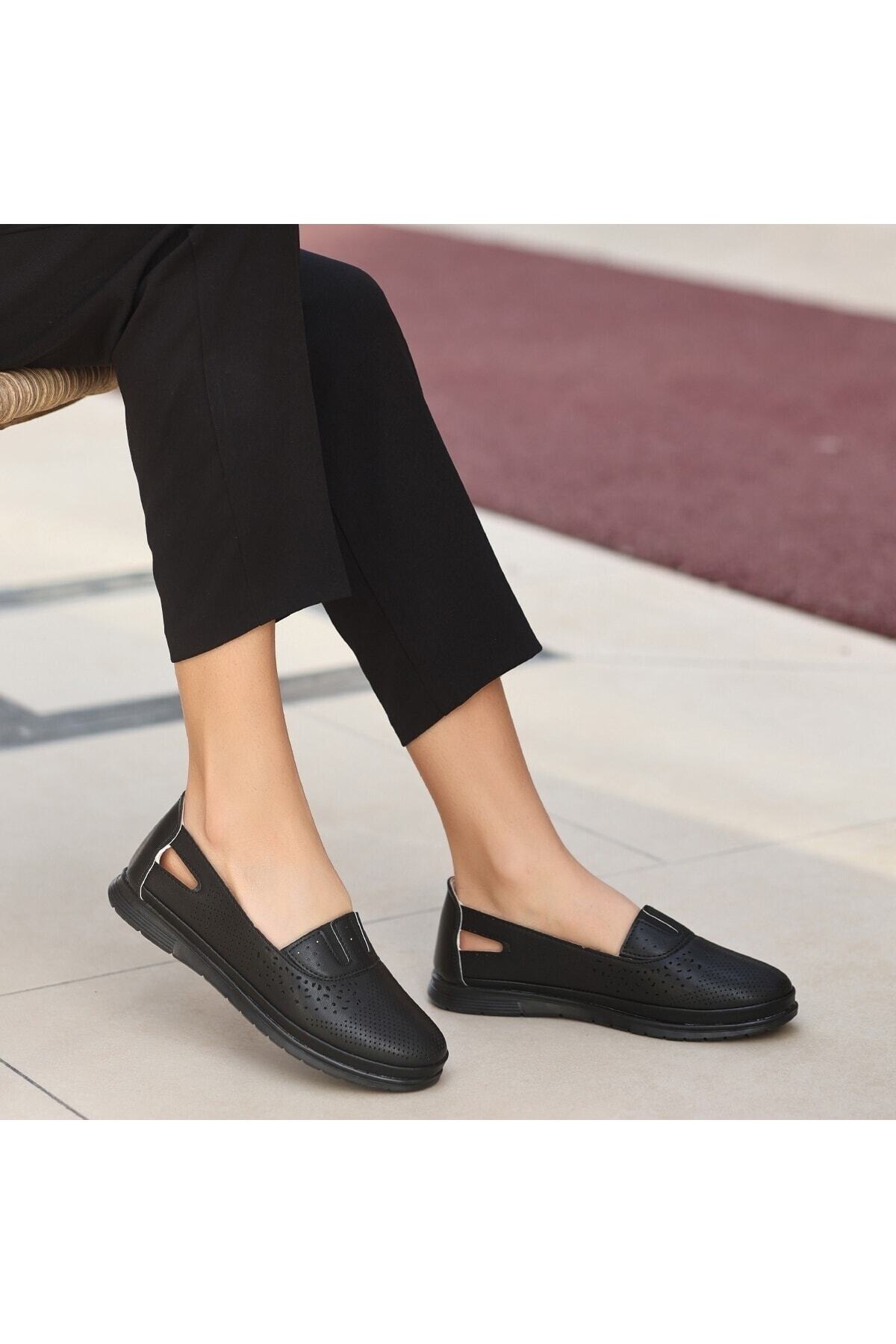 EFN.GİYİM Poer Siyah Cilt Babet Ayakkabı