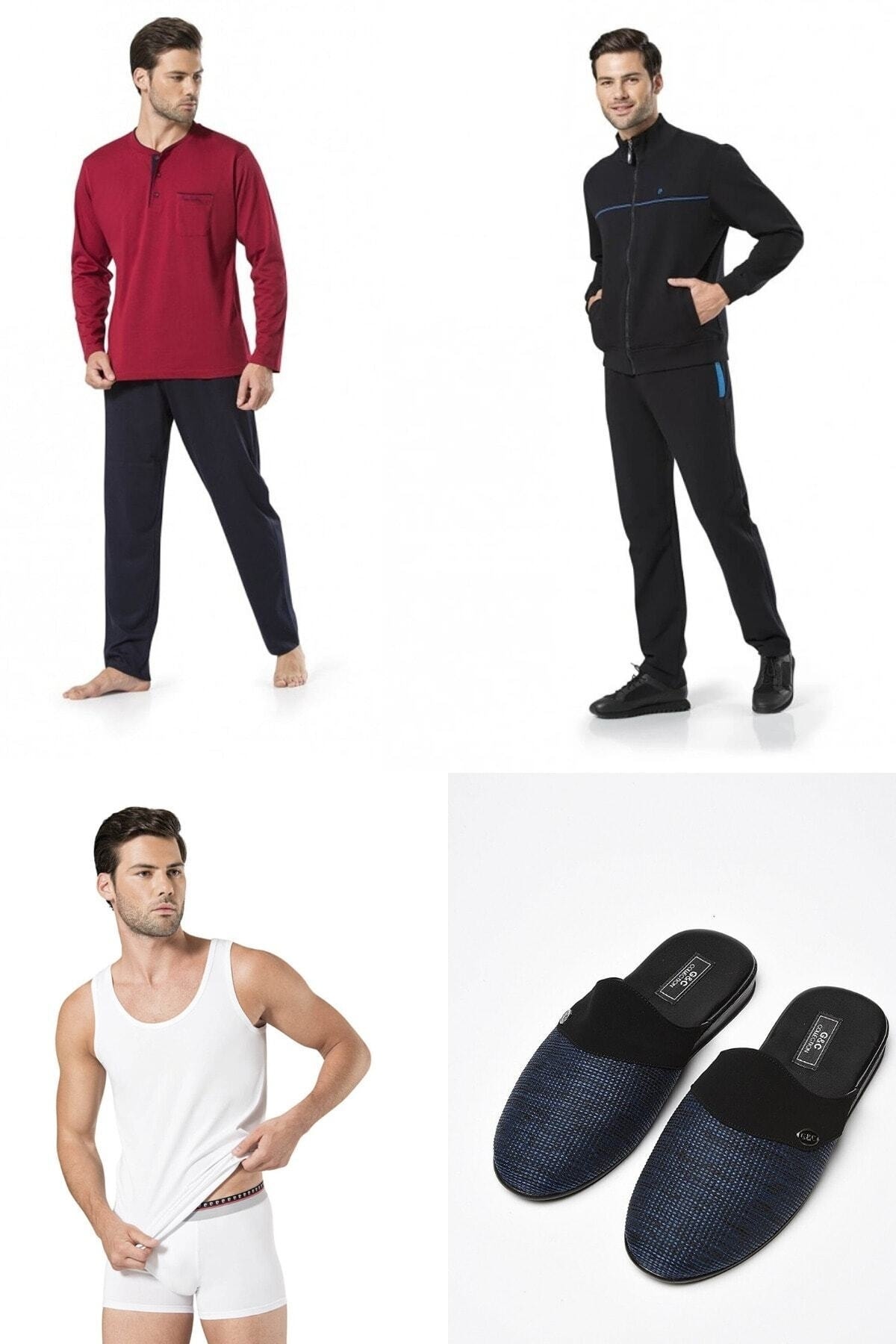 پیر کاردین ست ۴ تکه گرمکن و پیژامه سرمه‌ای به همراه دمپایی، زیرپیراهنی و شورت بوکسور، ست هدیه