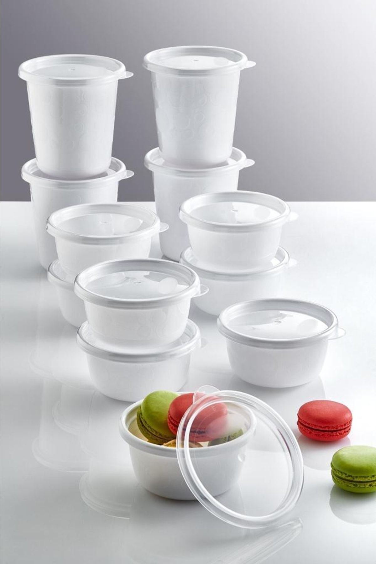 Pazarika-Set of 12 White Round Food Storage Container with Leak Proof Airtight Lid 4x500 Ml 8x250 Ml 1