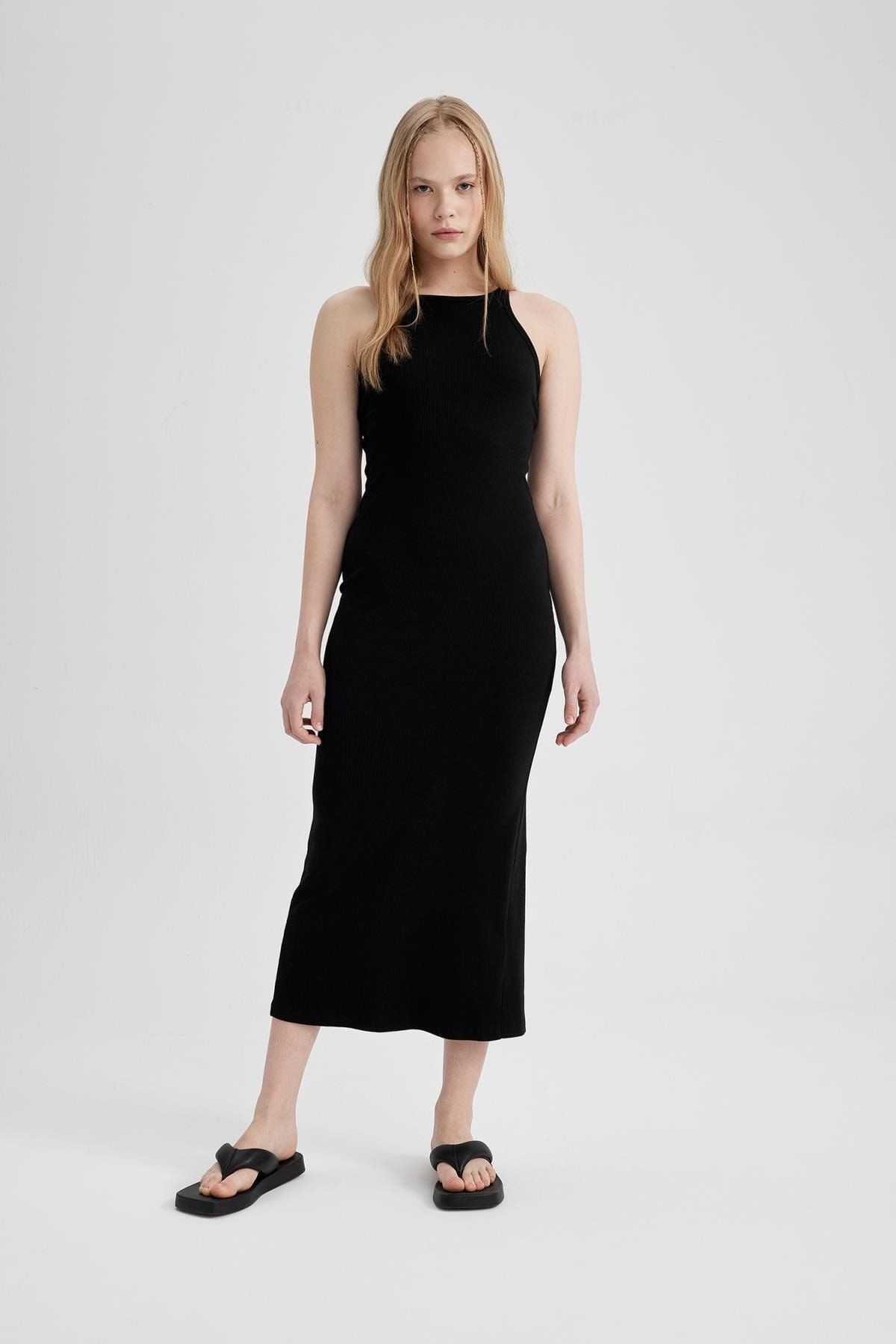 Bodycon Halter Yaka Fitilli Kaşkorse Maxi Kolsuz Elbise A4828ax23sm
