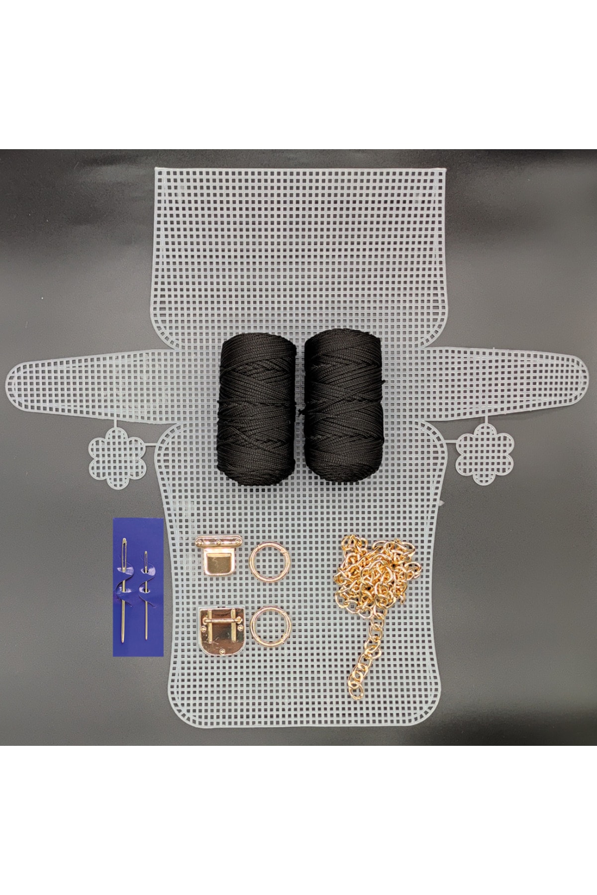 Cansu Tuhafiye Çanta Seti Polyester Makrome Ipi, Çanta Kanvas, Metal Iğne, Çanta Zinciri, Tokası, Halkası