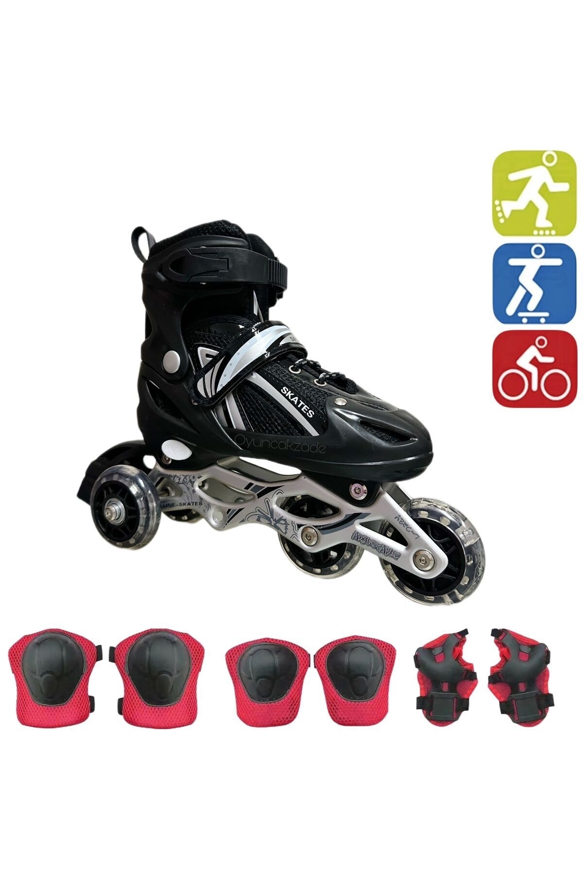 Black Double Row Adjustable Illuminated Aluminum Body Training Skate + Protective Knee Pad Set