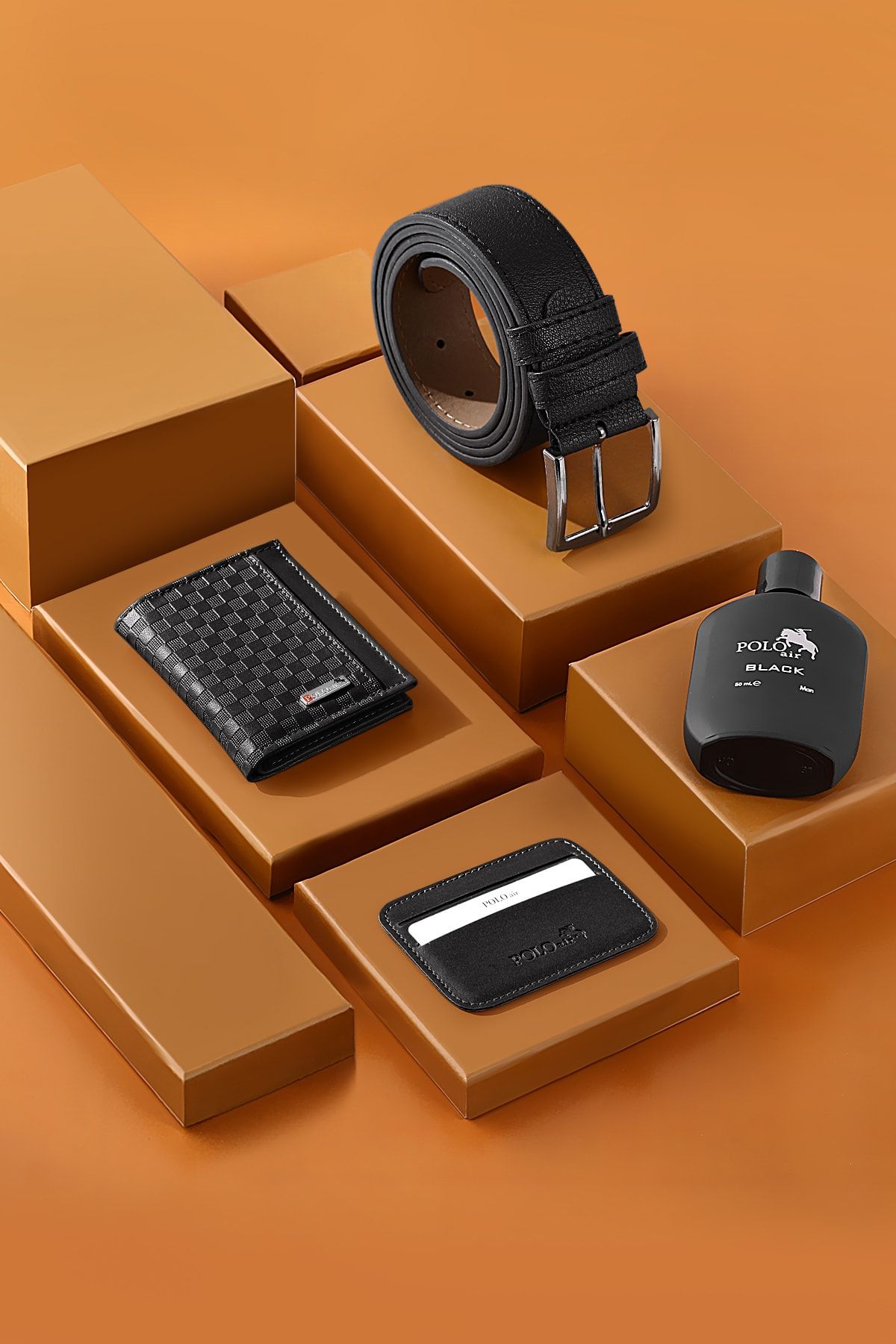 کیف پول مردانه CHECKERS با الگوی نگهدارنده کارت کمربند مجموعه سیاه polo air