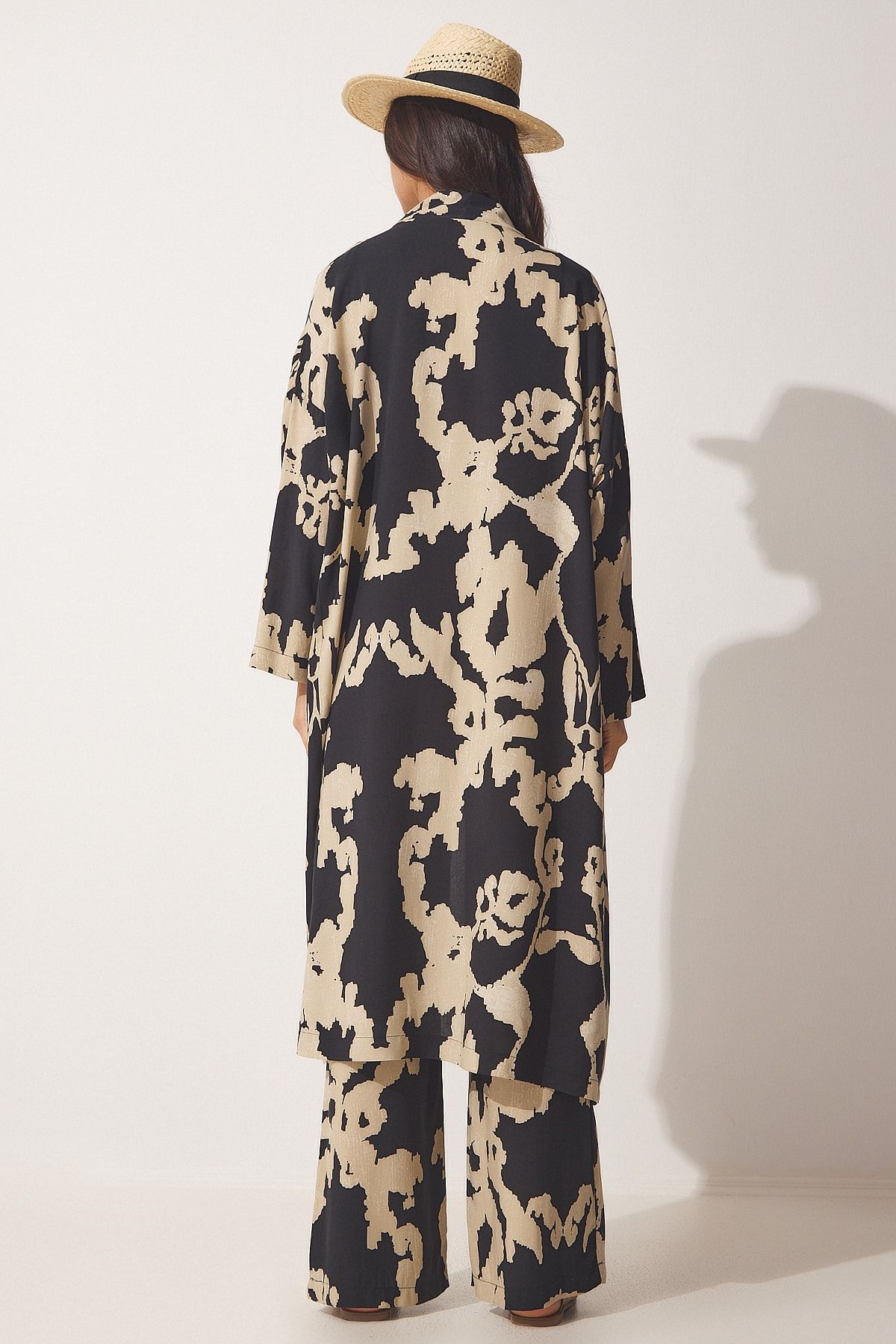 Happiness İstanbul-Schwarz-beige gemustertes Viskose-Kimono-Palazzo-Hosenset für Damen CI00086 6