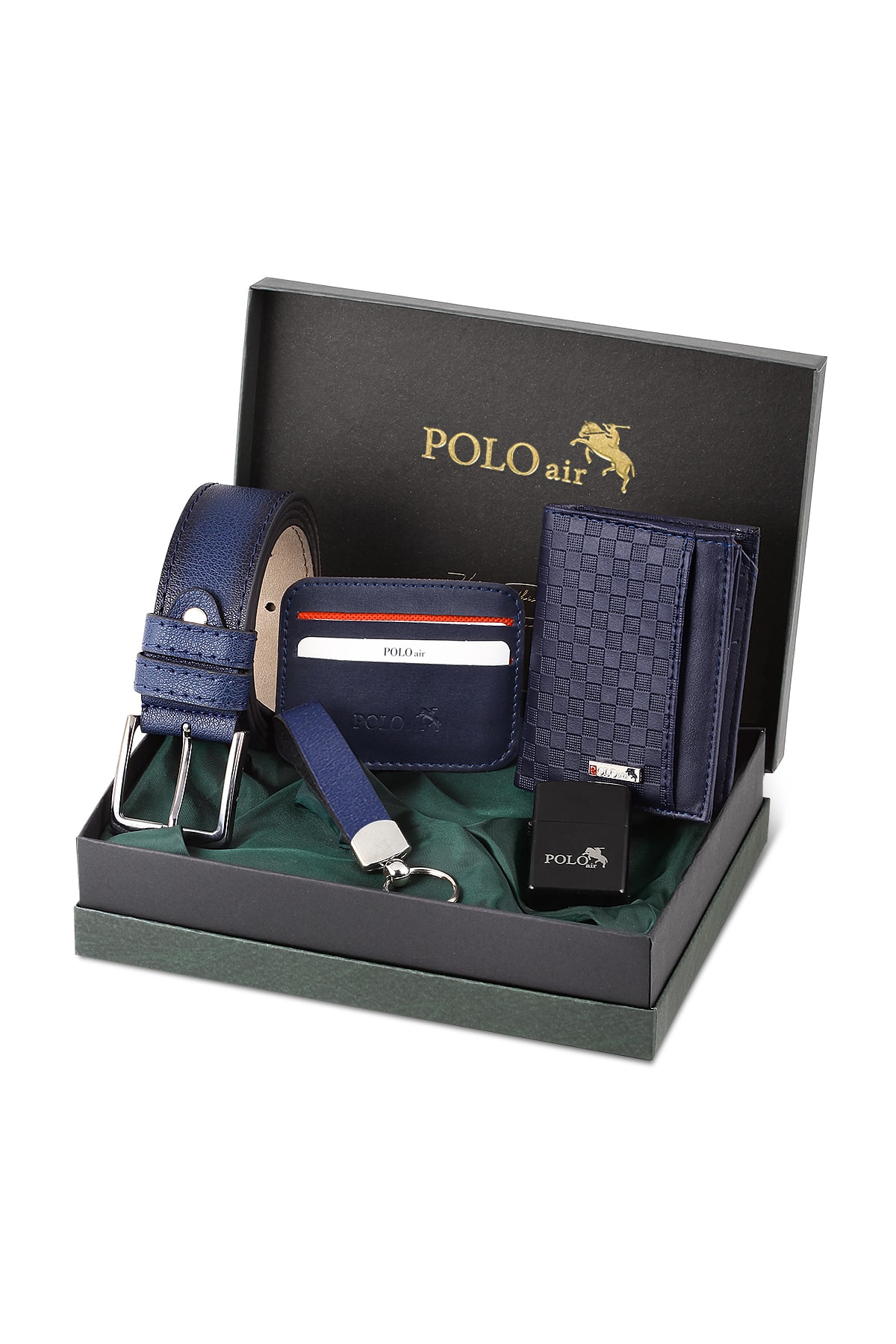 Polo Air Dama Desen Cüzdan Kendinden Kartlık Kemer Anahtarlık Çakmak Kombin Lacivert