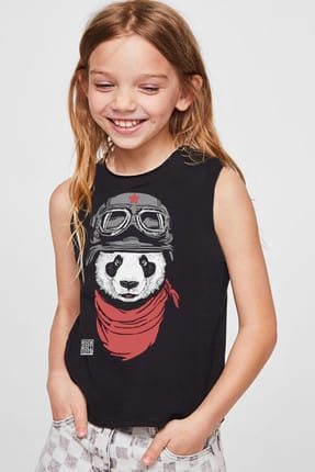 Bandanalı Panda Siyah Kesik Kol | Kolsuz Kız Erkek Uniseks Çocuk T-shirt | Atlet 1M1SG076FS