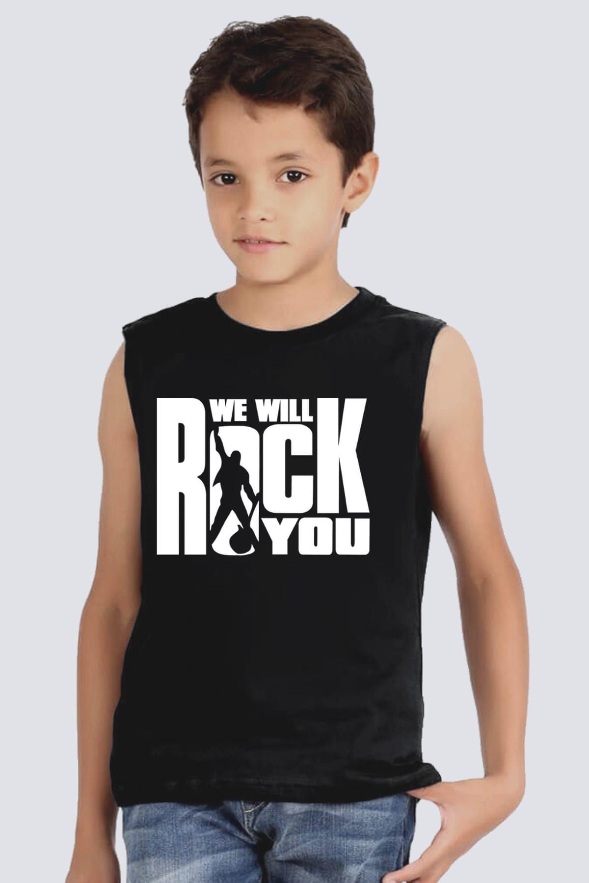 ROCKANDROLL-Just Rock You Black Cut-Out Sleeve | Sleeveless Girls Boys Unisex Children's T-shirt | Athlete 1M1SB167KS 1