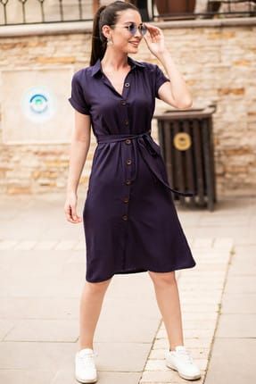 Kadın Lacivert Beli Kemerli Kısa Kol Gömlek Elbise ARM-19Y001068