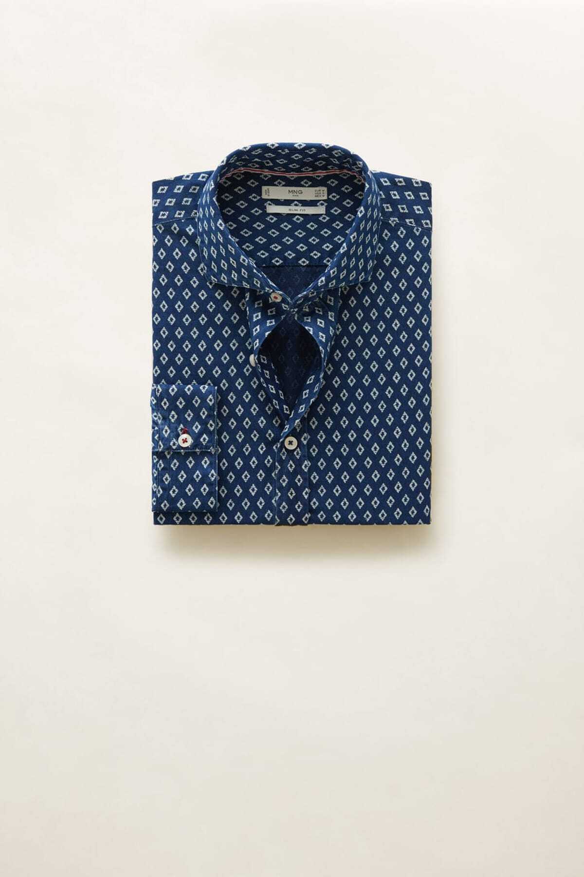 MANGO Man-Ανδρικό πουκάμισο Indigo Blue Slim Fit με γεωμετρικό σχέδιο53030527 2