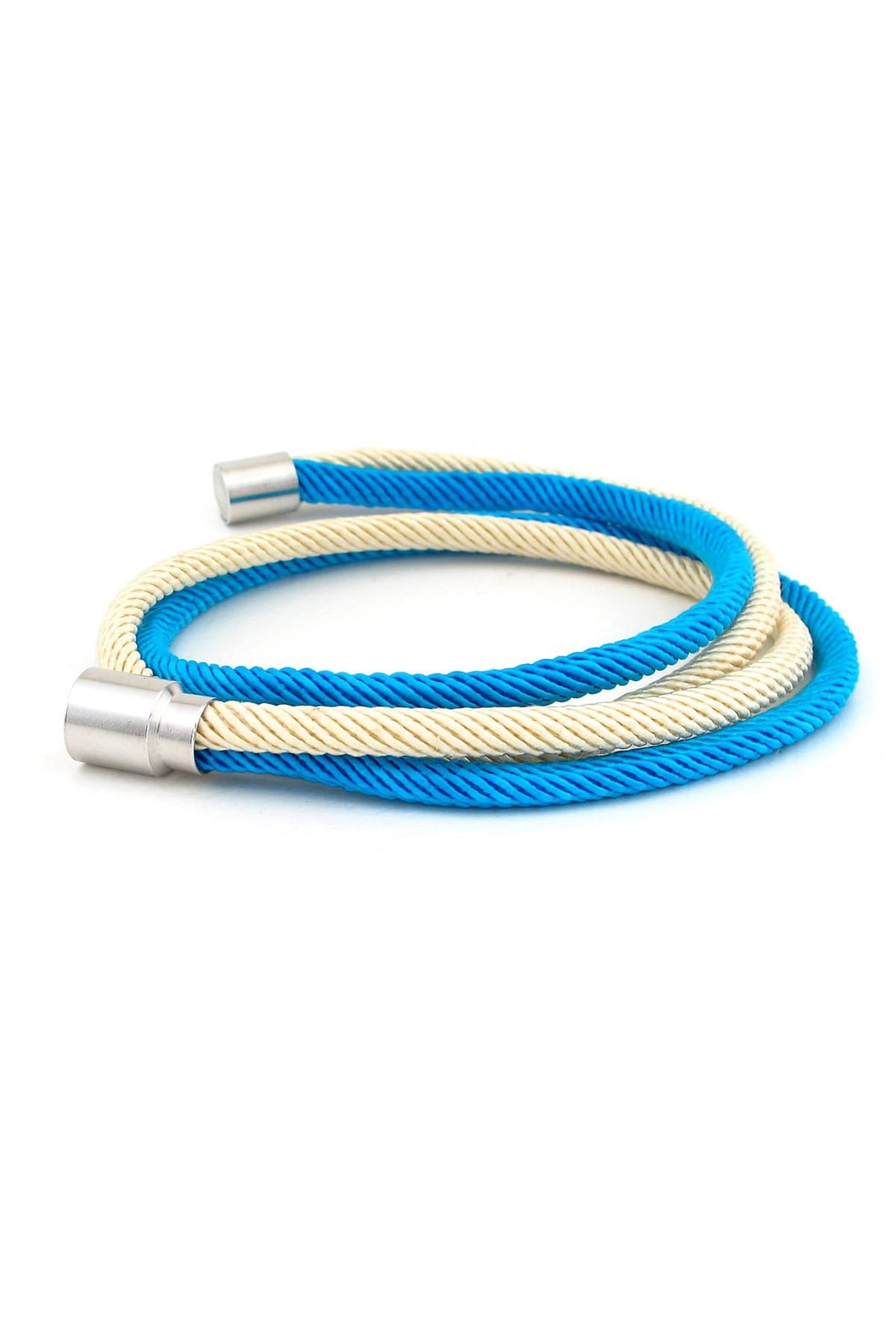 Solfera-Men's Blue Cream Double Sira Wrap Magnetic Clip Bracelet BT585 2