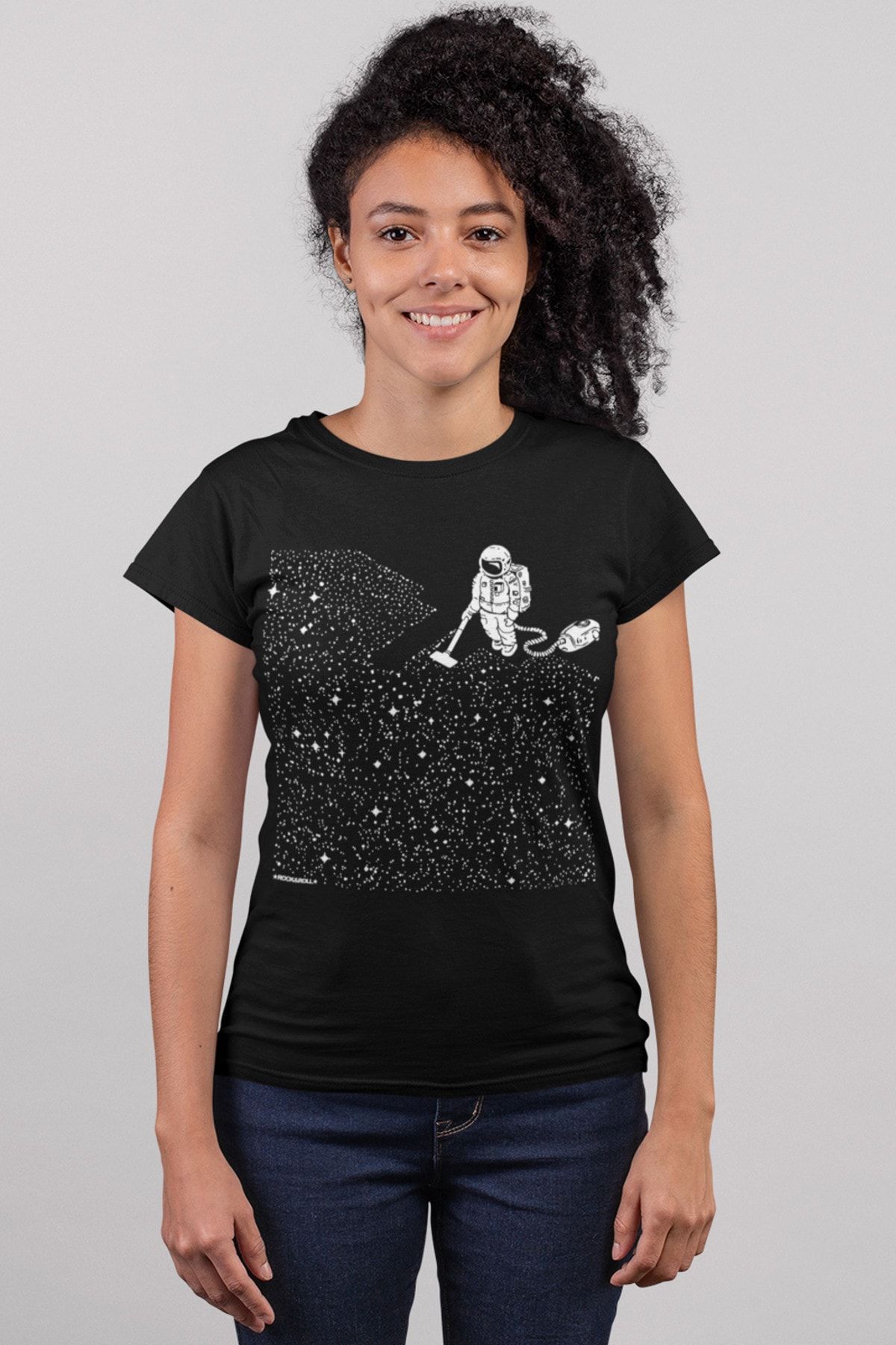 ROCKANDROLL Tricou Negru Cu Mânecă Scurtă Astronaut Cu Mătură Pentru Femei Femeie - S